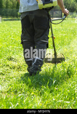 The man mowing green wild grass field using brush cutter mower or power tool string lawn trimmer. To mow a grass with the trimmer. Trimer mows a lawn. Stock Photo