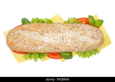 Sub sandwich whole grain grains baguette with cheese from above isolated on a white background Stock Photo