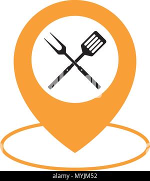 Food Location Icon Logo Design Element. BBQ or grill tools icon. Crossed barbecue fork with spatula and map pointer. Simple silhouette. Vector flat il Stock Vector