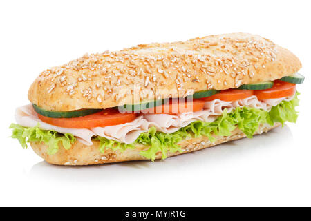 Sub sandwich with ham whole grains grain baguette isolated on a white background Stock Photo