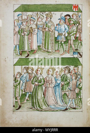 301 Konstanzer Richental Chronik Fronleichnamsprozession König und Kurfürsten, gekrönte Frauen unter einem Baldachim 52v Stock Photo