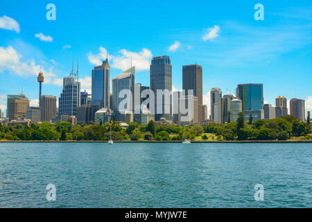Skyline of skyscrapers in Sydney city CBD, view from Royal Botanic Garden Stock Photo