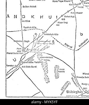 . English: 1886 map of Andkhoy District (Afghanistan) from a map of the Kham-i-Ab, or disputed area between Russia and Afghanistan. 1886. British Commission to establish the northern boundary of Afghanistan 343 Map-Andkhoy-Science-1886 Stock Photo