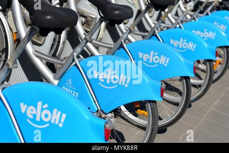 Rental bikes of rental service "Veloh!" at Place de Paris in Luxemburg (Luxemburg), 08 May 2018. | usage worldwide Stock Photo