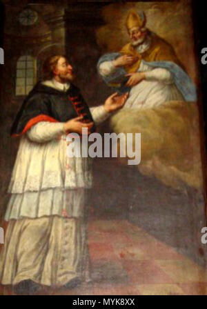 . English: Saint Martin of Leon with Saint Isidore, who is appearing to him. Baroque painting. 17th century. Unknown, Spanish 352 MartinLeo17 Stock Photo