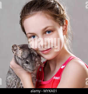 Cute smiling little girl holds funny gray chinchilla. Stock Photo