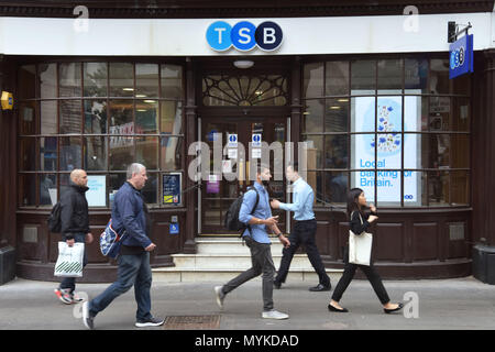 People walk past the bank branch of TSB  on Moorgate in the City of London. Stock Photo
