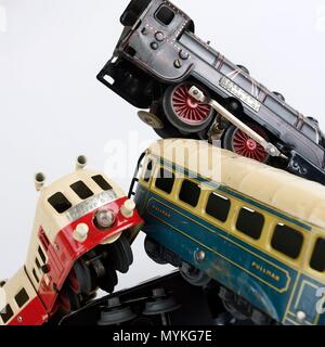 Accident between a locomotive and wagons, toys Stock Photo