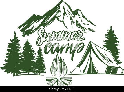 fire emblem, rest in the forest, camping hand drawn vector illustration realistic sketch Stock Vector
