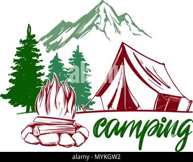 fire emblem, rest in the forest, camping hand drawn vector illustration realistic sketch Stock Vector