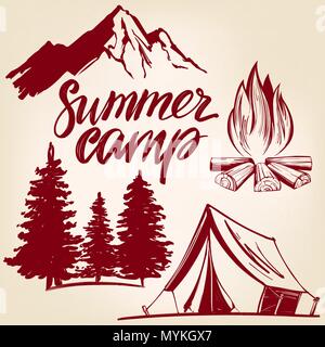 fire emblem, rest in the forest, camping hand drawn vector illustration realistic sketch Stock Vector