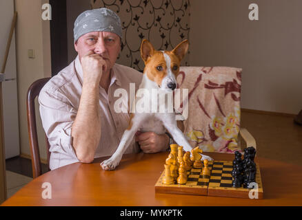 Portrait of mature man with basenji dog sitting at the table and waiting for  rival in a chess family tournament Stock Photo