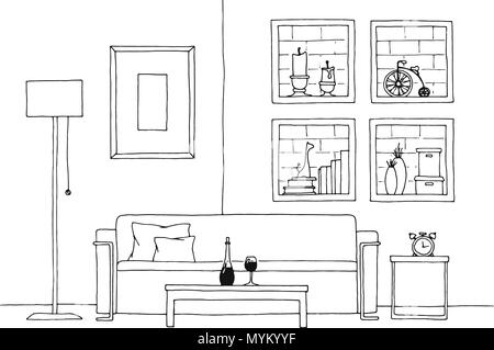 Table in front of the sofa. Brick wall with shelves. Vector illustration of a sketch style. Stock Vector