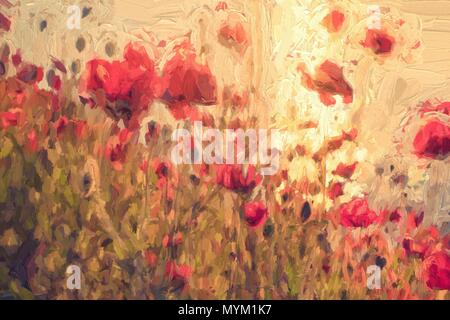 Digital art painting of an original photo of a field of bright red corn poppy flowers in summer at sunset near a river. This oil painting canvas effec Stock Photo