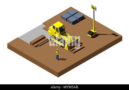 Yellow bulldozer at construction site. Modern isometric construction vehicle illustration. Stock Vector