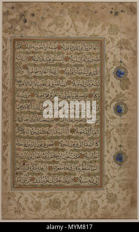 . English: The verses 1-20 of the chapter of the Qur'an entitled al-Muzzammil (The Enshrouded One). The text is executed in a clear naskh and outlined by gold cloud bands decorated with red and blue flowers. Diacritics are executed in black ink, while some pronunciation and reading signs are picked out in red ink. Verse markers consist of six-petalled gold rosettes decorated with blue dots and red lines. The script, text layout, and illumination are all typical of Safavid Qur'ans produced during the second half of the 16th century in the southwestern Iranian city of Shiraz. between circa 1550  Stock Photo