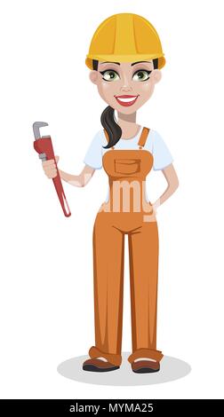 Beautiful female builder in uniform, cartoon character. Professional construction worker. Smiling repairer woman holding adjustable wrench. Vector ill Stock Vector