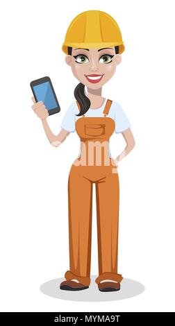 Beautiful female builder in uniform, cartoon character. Professional construction worker. Smiling repairer woman holding smartphone. Vector illustrati Stock Vector