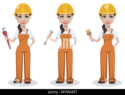 Beautiful female builder in uniform, cartoon character set. Professional construction worker. Smiling repairer woman with adjustable wrench, with open Stock Vector