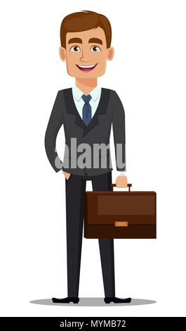 Handsome banker in business suit. Cheerful cartoon character holding briefcase. Vector illustration on white background. Stock Vector