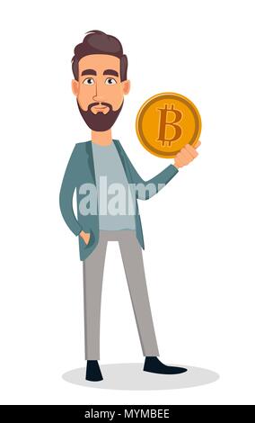 Businessman cartoon character holding golden bitcoin. Business man in casual clothes. Vector illustration on white background. Stock Vector