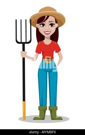 Female farmer cartoon character. Cheerful gardener woman rancher holding pitchfork. Vector illustration on white background Stock Vector