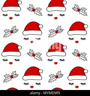 cute seamless vector pattern background illustration with eyelashes, red lips, santa's hats and holly Stock Vector