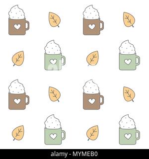cute lovely cartoon seamless vector pattern background illustration with leaves, cozy cups with heart and whipped cream Stock Vector