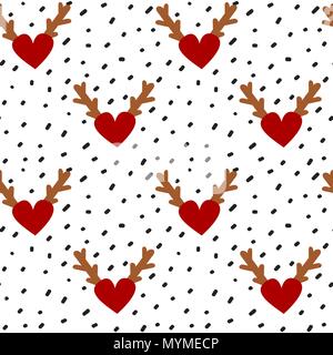 hand drawn black confetti on white background simple abstract seamless vector pattern illustration with red hearts with antlers Stock Vector