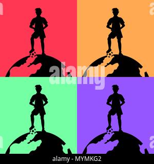 A football player with a ball is standing on the globe. Set. Stock Vector
