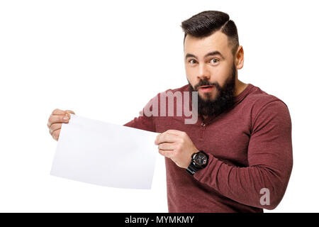 handsome bearded man holding white card. Stock Photo