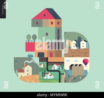 Simple things - houses - flat cartoon vector illustration of countryside house, isolated building, tower, treehouse with ladder, row of townhouses, to Stock Vector