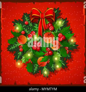Template Christmas card. Festive wreath with bow. Vector illustration. Stock Vector