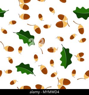 Ripe Acorn Seamless Pattern. Autumn Oak Nut and Leaves Texture Stock Vector