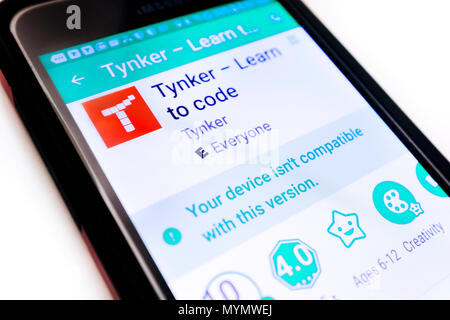 Illustrative Editorial image of a Samsung smartphone with the Tynker App logo on the screen. Stock Photo