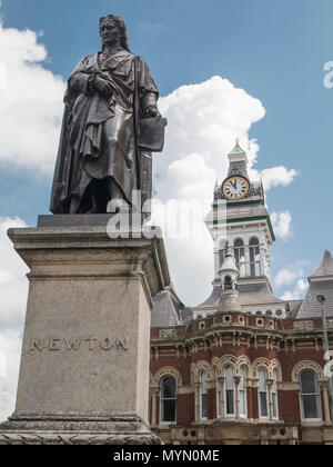 The statue of Grantham's most famous son, built in 1858, and cast from bronze stands outside the Guildhall. Stock Photo