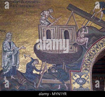 . English: Construction of Noah's Ark. Mosaic in Monreale cathedral, Sicilia. 14th century. Anonimous master 391 Noah moreale01 Stock Photo