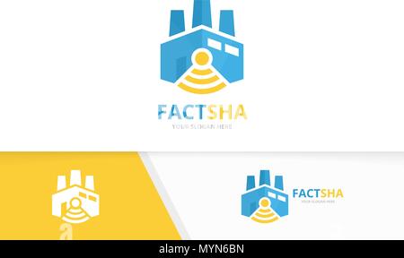 Vector factory and wifi logo combination. Industry and signal symbol or icon. Unique manufacturing and radio, internet logotype design template. Stock Vector