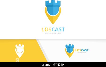 Vector castle and map pointer logo combination. Tower and gps locator symbol or icon. Unique fortress and pin logotype design template. Stock Vector
