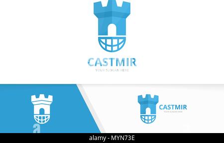 Vector castle and planet logo combination. Tower and world symbol or icon. Unique fortress and globe logotype design template. Stock Vector