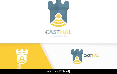 Vector castle and wifi logo combination. Tower and signal symbol or icon. Unique fortress and radio, internet logotype design template. Stock Vector