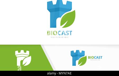 Vector castle and leaf logo combination. Tower and eco symbol or icon. Unique fortress and organic logotype design template. Stock Vector