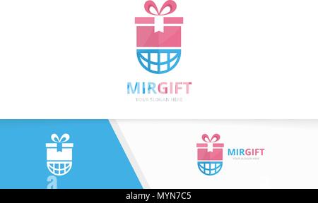 Vector gift and planet logo combination. Present and world symbol or icon. Unique surprise and globe logotype design template. Stock Vector