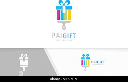 Vector gift and brush logo combination. Present and paintbrush symbol or icon. Unique surprise and print logotype design template. Stock Vector