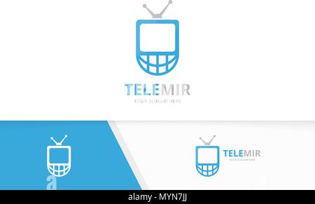 Vector tv and planet logo combination. Television and world symbol or icon. Unique media and globe logotype design template. Stock Vector