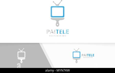 Vector tv and brush logo combination. Television and paintbrush symbol or icon. Unique media and print logotype design template. Stock Vector