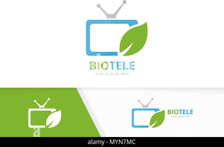 Vector tv and leaf logo combination. Television and eco symbol or icon. Unique media and organic logotype design template. Stock Vector