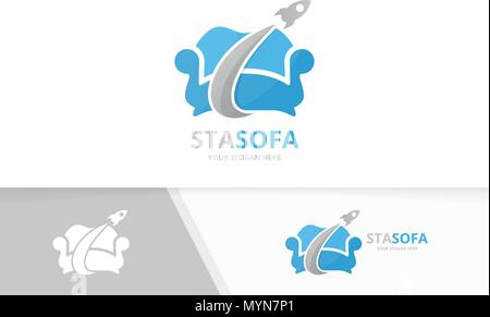 Vector sofa and rocket logo combination. Couch and airplane symbol or icon. Unique armchair and flight logotype design template. Stock Vector