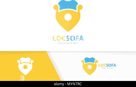 Vector sofa and map pointer logo combination. Couch and gps locator symbol or icon. Unique armchair and pin logotype design template. Stock Vector