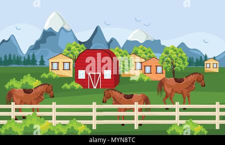 Horses farm, green field Vector. Farm ville summer day backgrounds Stock Vector